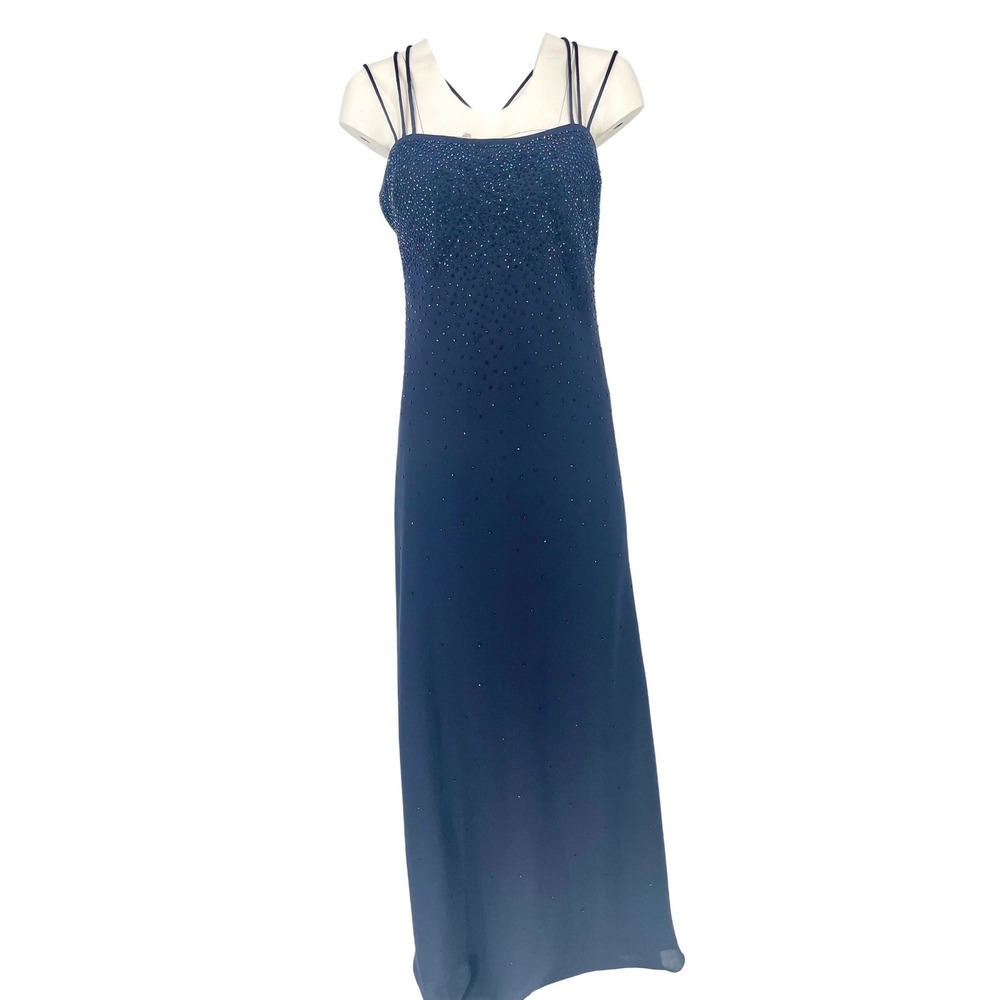Vintage Y2K Navy Beaded Gown Size 10 M Strappy Back Formal Maxi Dress Prom